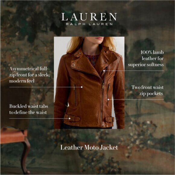 Ralph Lauren Burnished Lambskin Leather Moto Jacket, Walnut Size 18 $400 - Picture 1 of 4